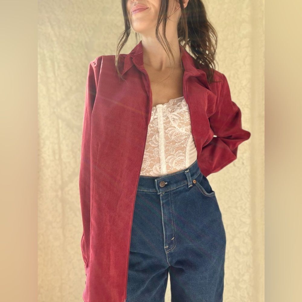 Croft & Barrow Raspberry Red Faux Suede Ribbed Zip-up Lightweight Jacket - Picture 8 of 13